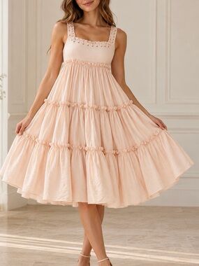 Sleeveless Tiered Midi Dress in Blush Pink
